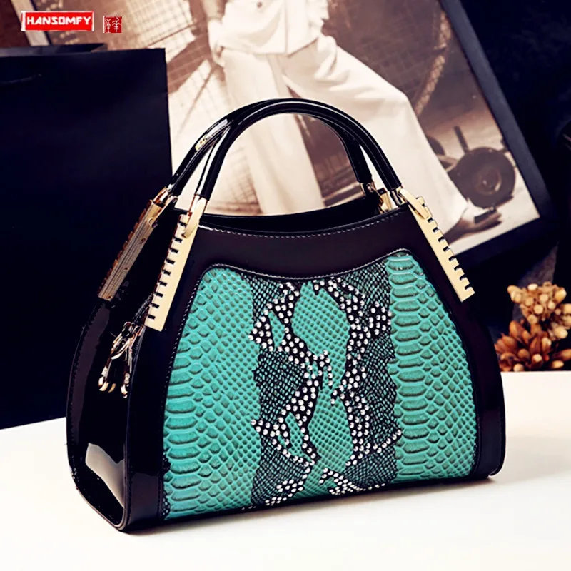 

Cowhide Leather Women handbag 2024 new fashion Serpentine portable tote bag ladies crystal diamonds shoulder messenger bags