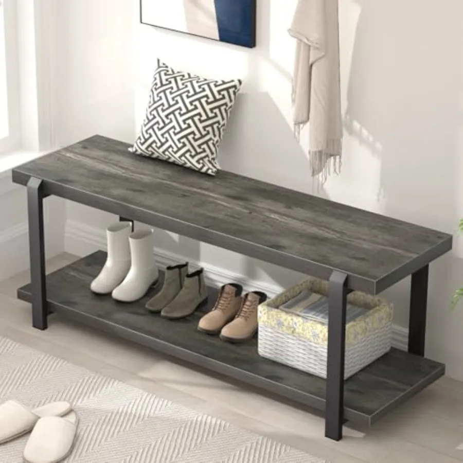 

Industrial Entryway Bench with Storage, Rustic Wood and Metal Shoe Rack Bench Seat, 47 Inch