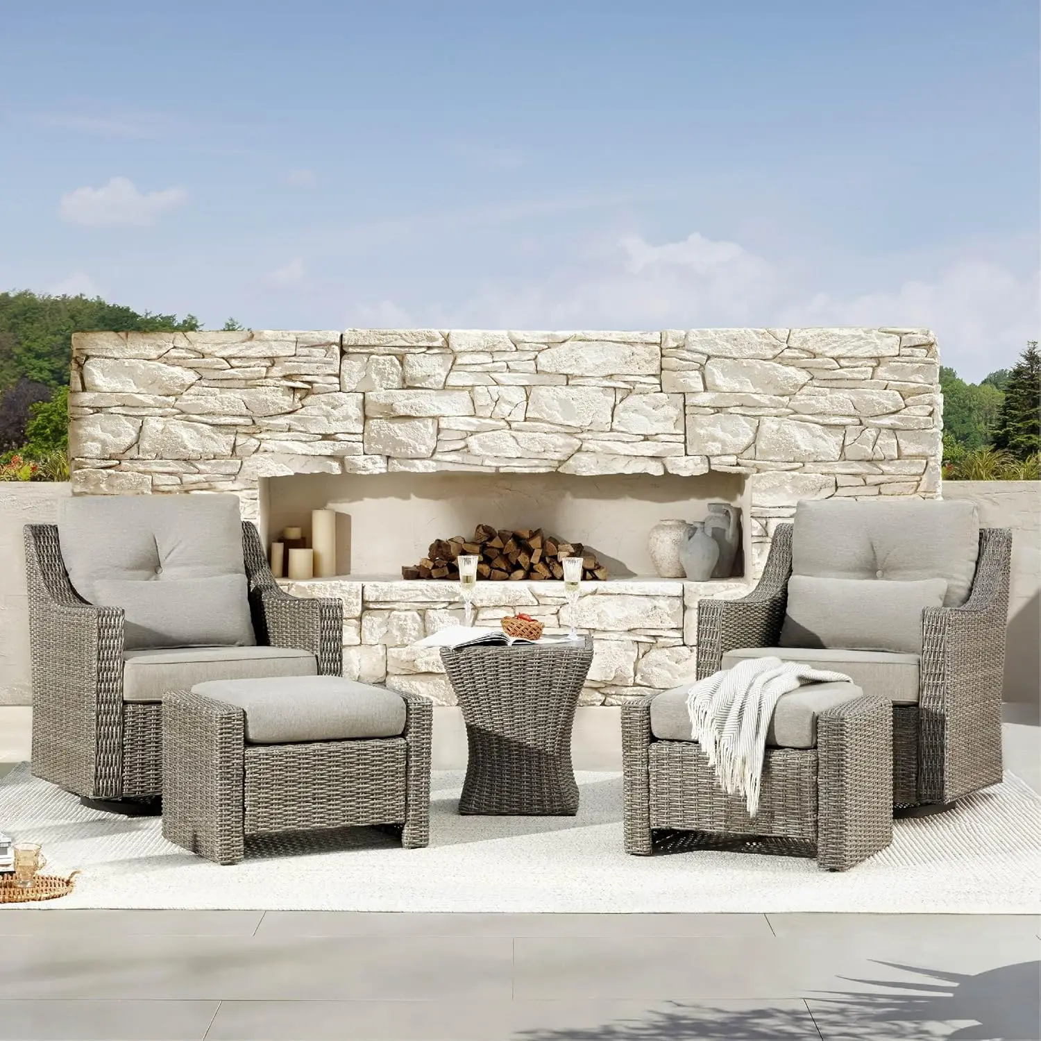 

5 Pieces Wicker Patio Furniture Set, Outdoor Conversation Set with 2 Pieces Rocking Swivel Chairs, 2 Pieces Ottomans and Side
