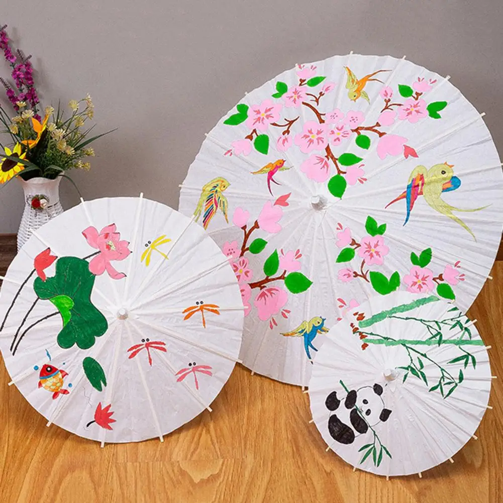 2Pcs White Paper Umbrella Set Oriental Umbrella Set Chinese Style Paper Umbrella with Wooden Handle DIY Crafts Decorative Gifts