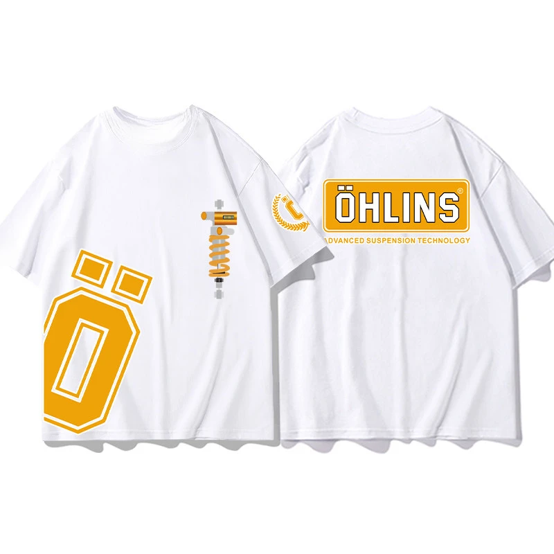 Pop Summer OHLINS White T-shirt Collection Motorcycle Shock Absorber Print Short Sleeve T-shirt Racing Fan Clothes