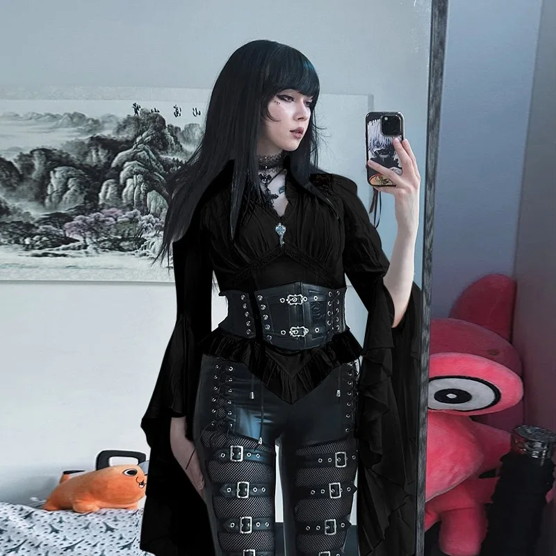 

Medieval Gothic Sle Witch irt Low Cut High Waist Bell Sve Women's Slim Fit irt V Ne Zipper Closure Long Sve irt