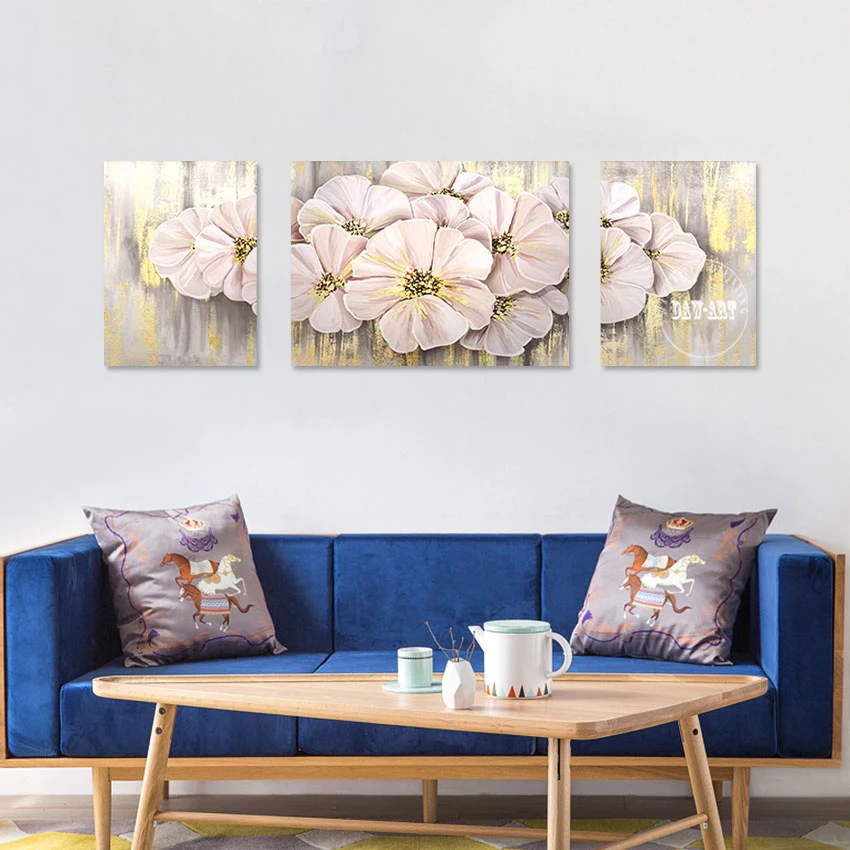 Beautiful Flowers Picture 3PCS Abstract Floral Art Wall Mural Unframed Canvas Oil Painting Modern Plant Textured Hand Drawing