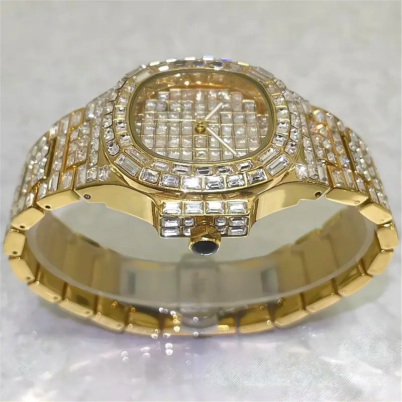 Luxury Gold Watches Men MISSFOX Automatic Date Fashion Iced Out Quartz Clocks Hip Hop Square Diamond Wristwatch Man Dropshiping