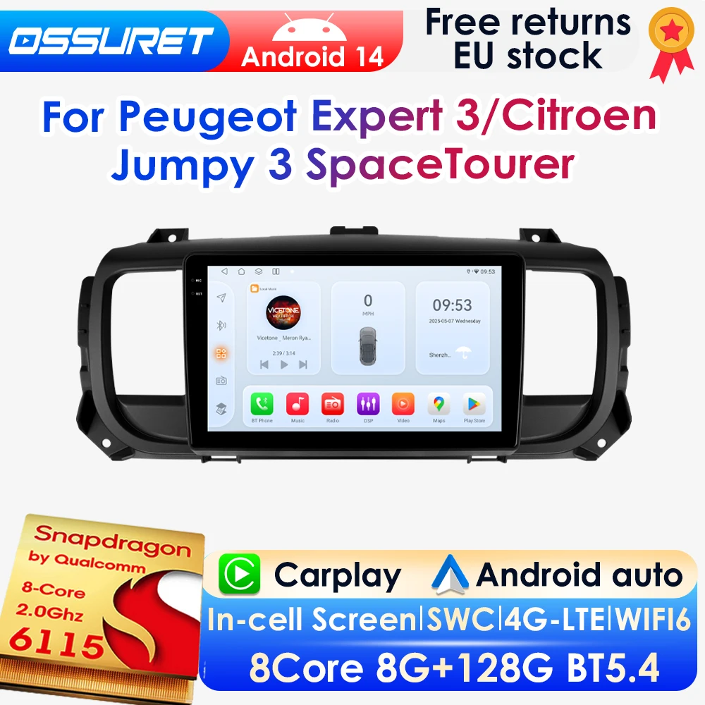 2Din Android 14 Autoradio für Peugeot Expert 3 Citroen Jumpy 3 SpaceTourer 2016 - 2021 Auto-Multimedia-Player GPS Wireless Carplay Android Auto 4G DSP SWC 360Kamera 6115