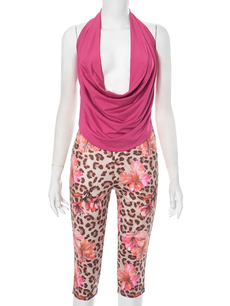 Halter feminino 2 peça conjunto halter swing colarinho sem costas regatas + leopardo impressão bicicleta shorts estiramento combinando clubwear