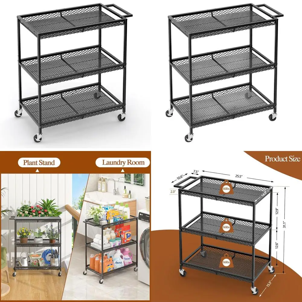 3-Tier Heavy-Duty Rolling Kitchen Cart with Wire Shelves for Storage, Serving, Laundry, and Office Use