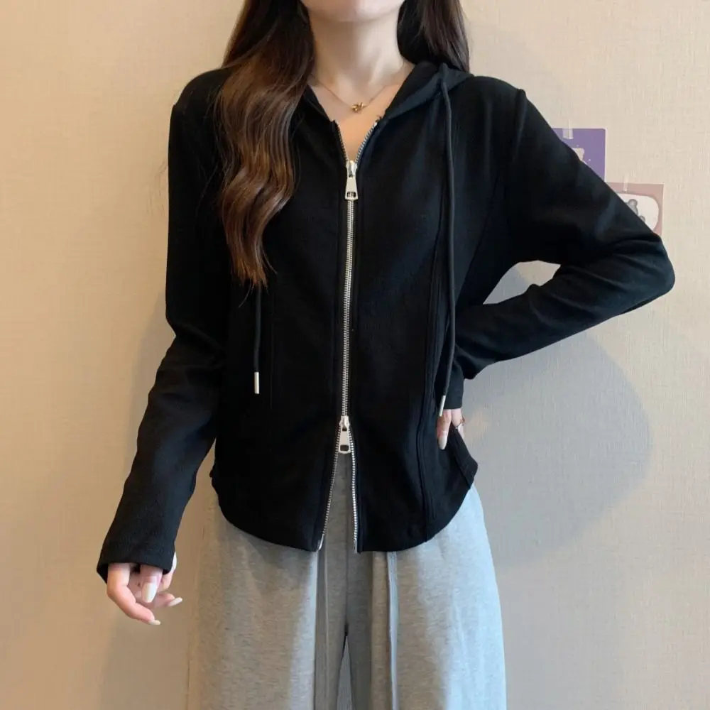 Casual Irregular Female Solid Hoodie Zipper Sweatshirt Long Sleeve Shirt Basic Korean Drawstring Shrug Pullover Travel