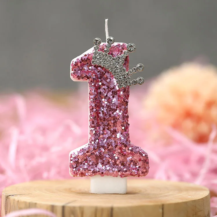 Rosa Krone mit Pailletten-Geburtstagskerzen für Kuchen, Glitzer-Zahlenkerzen 0-9 als Kuchenaufsatz für Frauen-Geburtstagsfeiern. – Detail 3