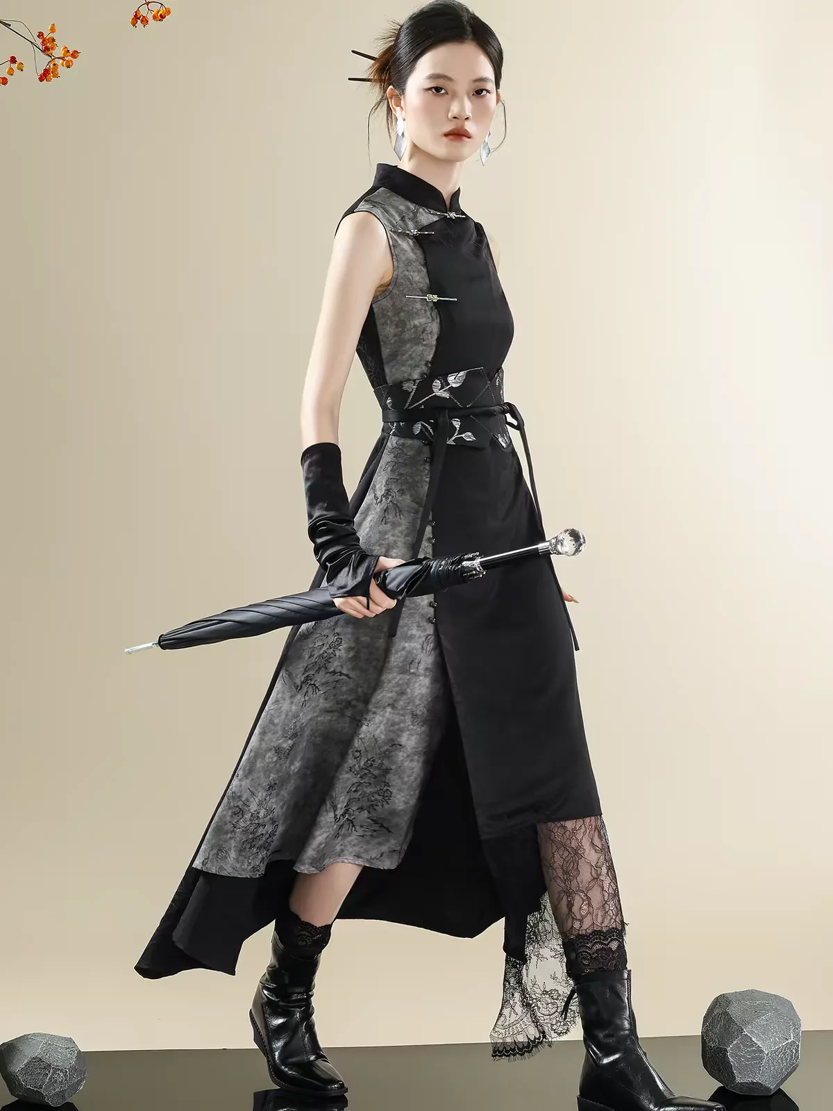 New Chinese Style Dark Grey Wasteland Front Fork Cheongsam Skirt Hottie Serpentine Dress Fiesta Carnival Halloween Cos Cosplay view 2