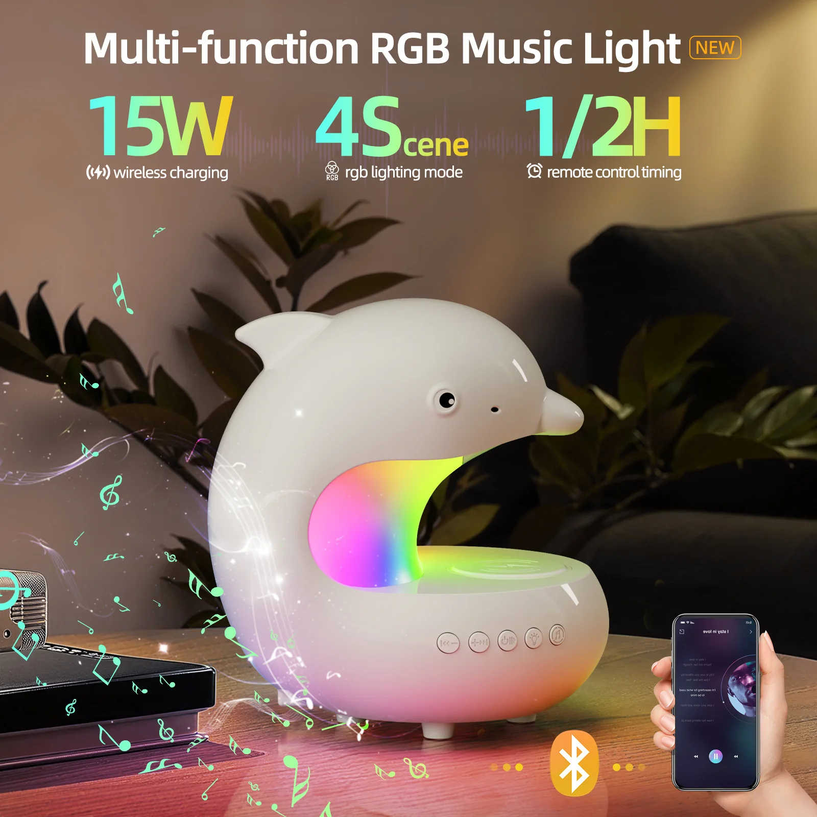 Bonito golfinho rgb atmosfera luz noturna com alto-falante bluetooth & 15w carregamento de telefone sem fio para casa quarto ao lado da lâmpada mesa
