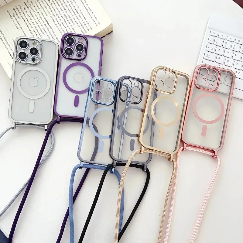 Funda con cordón colgante y marco metálico para iPhone Air 17 16E 16 15 14 13 12 11 Pro Max, magnética para Magsafe 3
