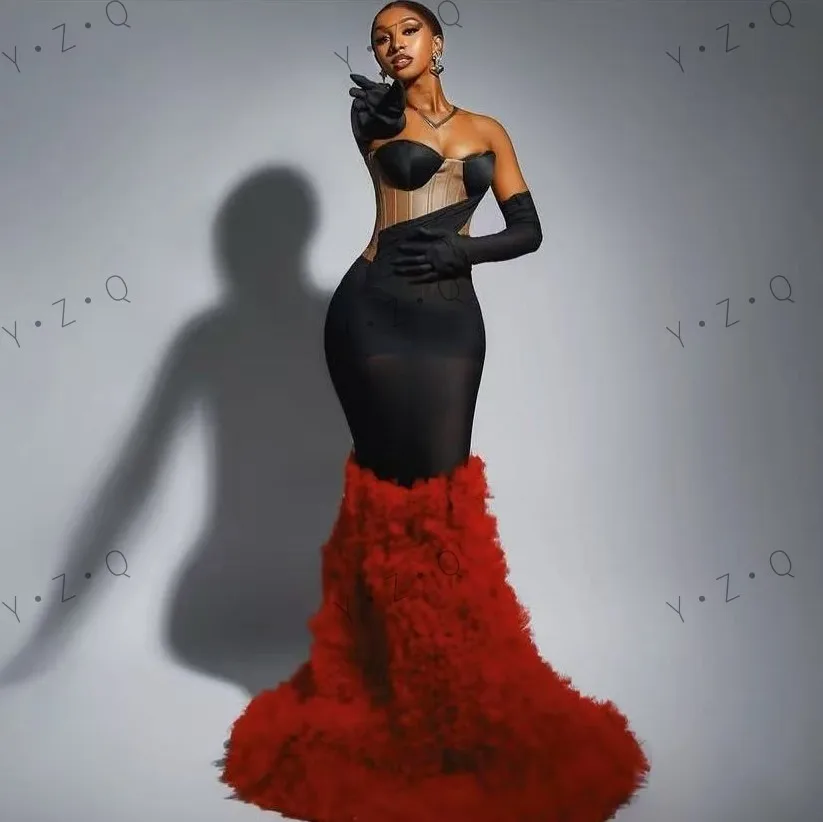 Abiti da festa eleganti da donna con spalle scoperte con guanti a strati sirena nero rosso tulle modesto abito da cerimonia nuziale lungo con corsetto