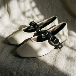 Mary Jane Shoes Women Studded Buckle Strap Ballet Flats Comfortable Round Toe Soft Leather Slip On Casual Walking Shoes