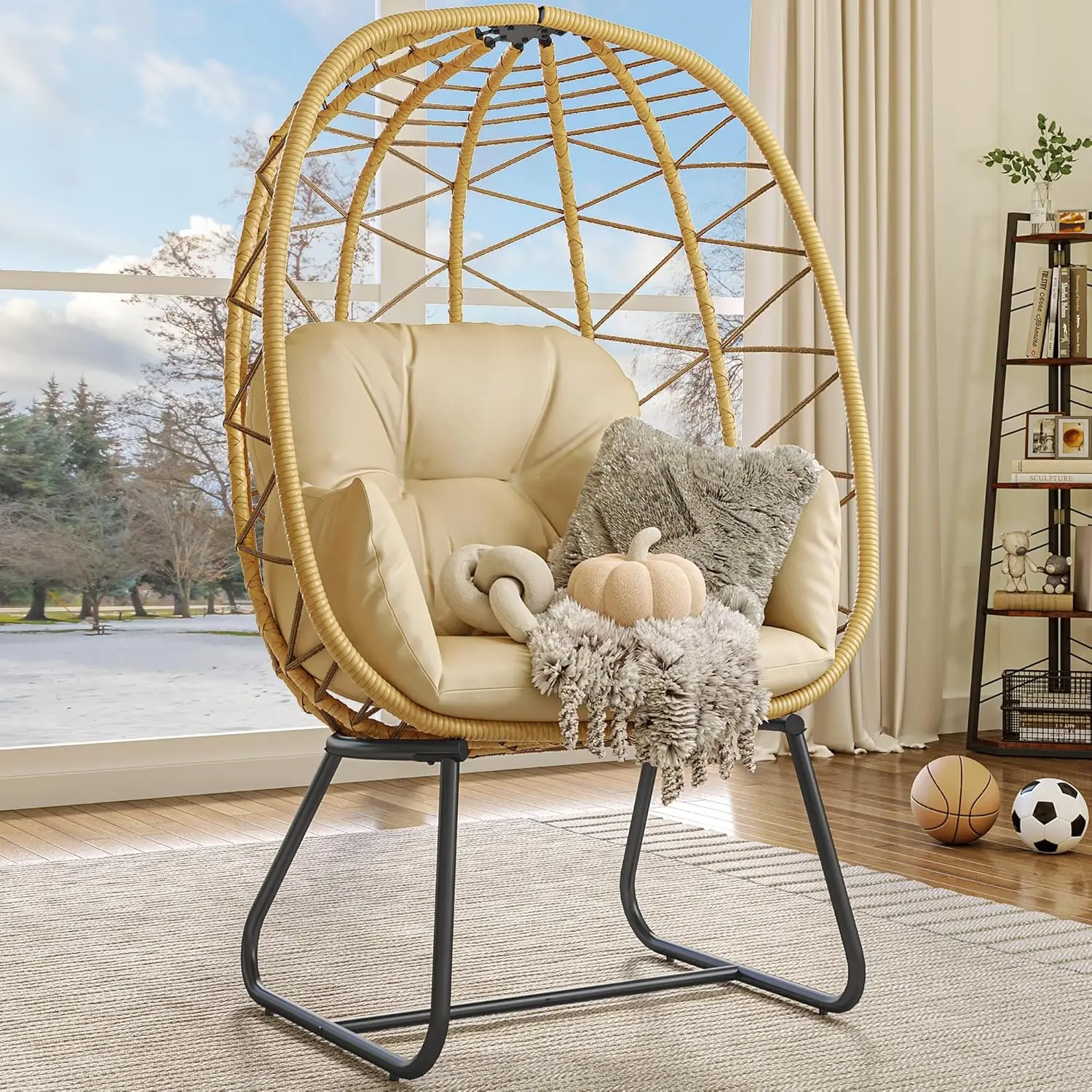 Silla para huevos con soporte, salón para huevos para interiores y exteriores con cojín, silla de mimbre, silla de ratán PE incluida para Patio, jardín