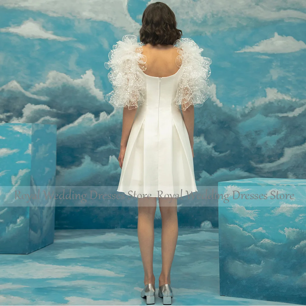 Short Wedding Dresses Knee Length Ruffle Half Sleeves Scoop A Line Modern Wedding Gowns Ivory Satin Ruched Elegant Bridal Dress