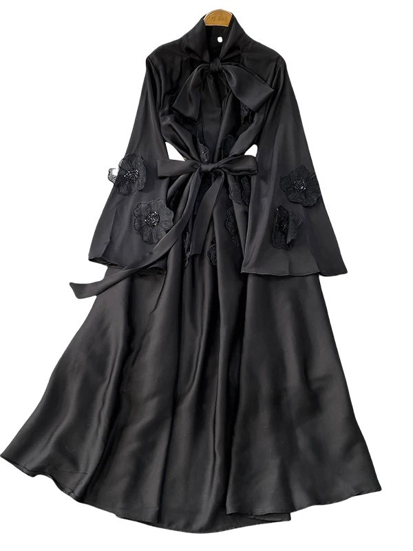 우아한 v 넥 벨 슬리브 드레스 여성 여름 허리 씬 실크 새틴 슬리밍 롱 드레스 하이 웨이스트 꽃 3D 디자인