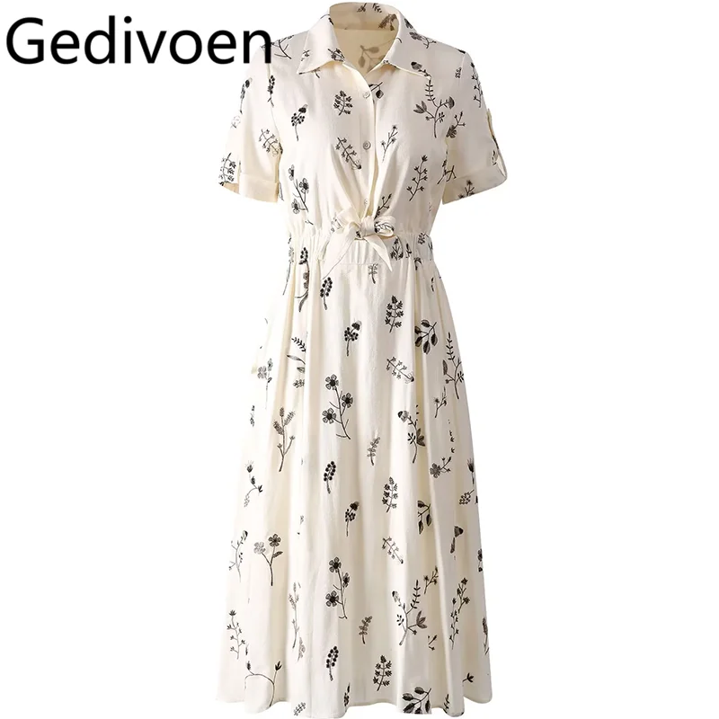 

Gedivoen Summer Fashion Runway Designer Dresses Women's Bohemian Flowers Embroidery Elastic Waist Lace Up Sashes Dresses