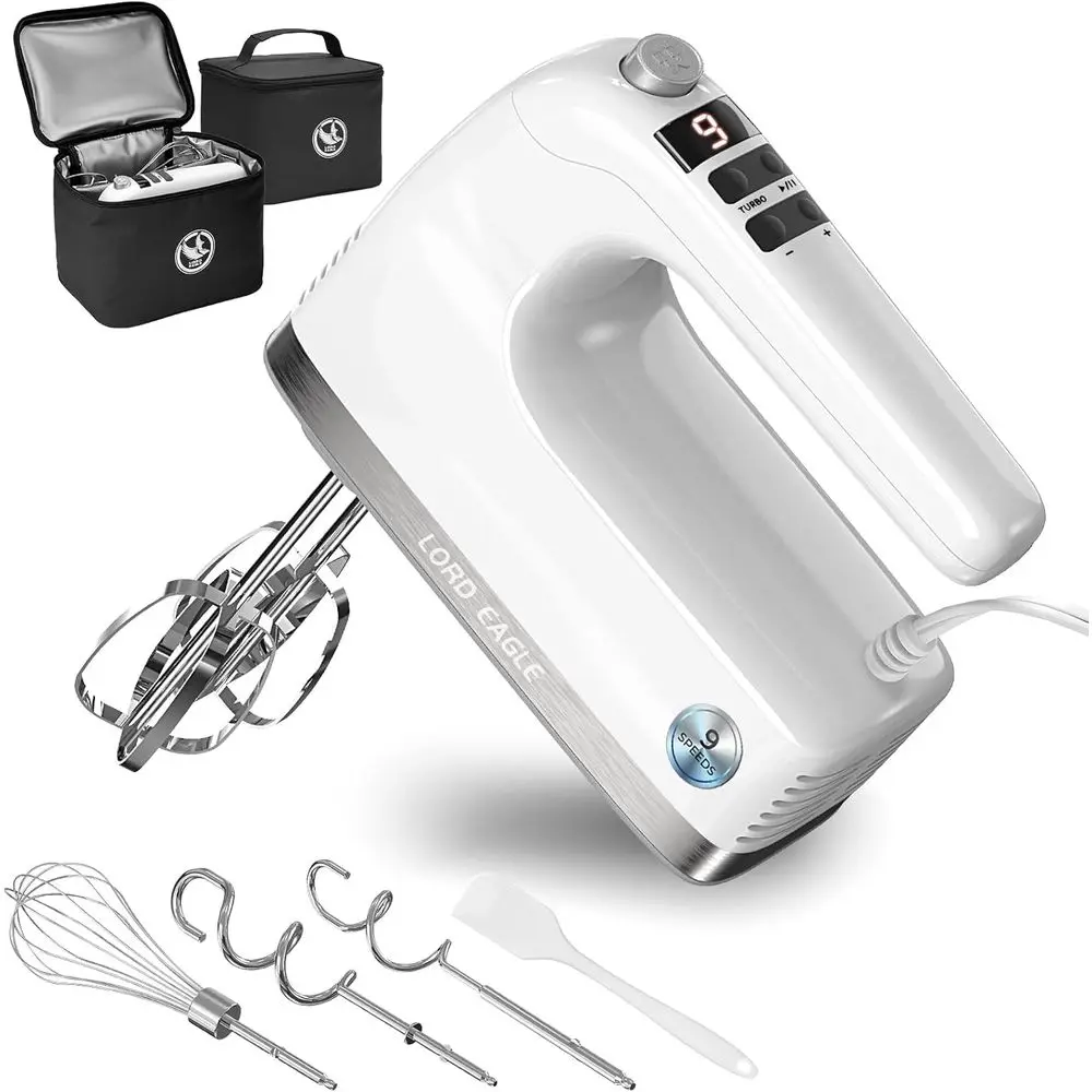 

9-Speed Electric Hand Mixer, 500W Motor, 6 Accessories, Lightweight, Stain-Resistant Storage Bag