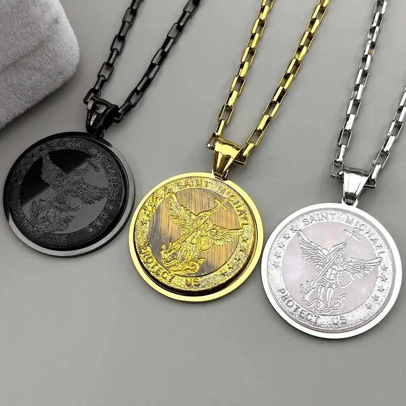 

SAINT MICHAEL PROTECT US Archangel Men Women Tiger Eye Stone Necklace Stainless Steel Gold Color Catholic Necklaces Jewelry