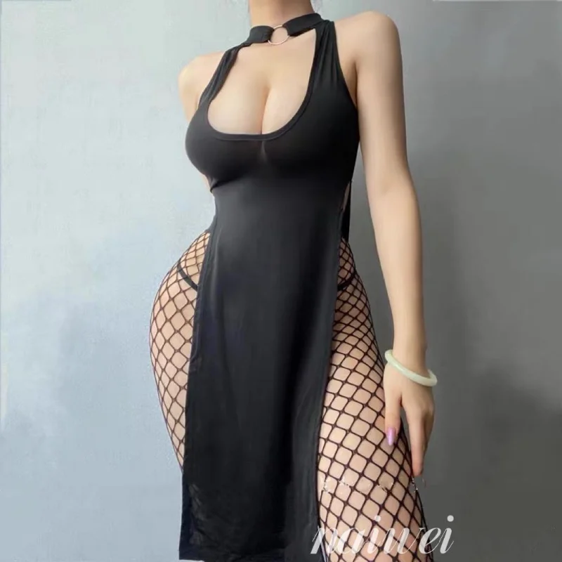 Plus Size Women Sexy Dress Reversible Erotic Halter Bodycon Dress High Waist Slit Skirt Porn Sexy Cosplay Lingerie Hot Clubwear