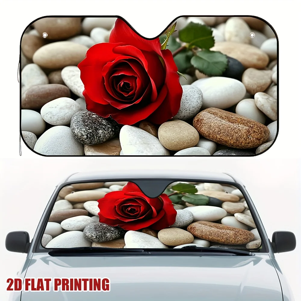 1pc Red Rose On Pebbles Car Sun Visor, Ideal For Blocking Direct Sunlight, Making Every Short Trip More Comfortable., Compact Su