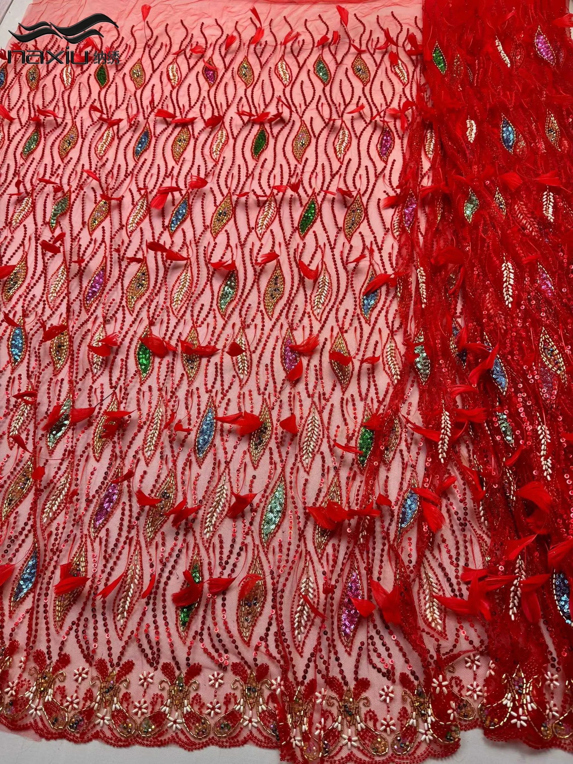 

Высококачественная кружевная ткань Madison с африканскими перьями, бисером, французскими люксовыми пайетками и вышивкой для вечерних платьев, коллекция 2026