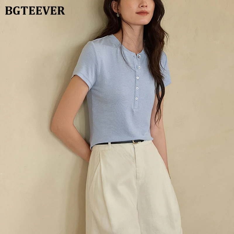 BGTEEVER Acetate Wool Baseball Collar T-shirt for Women, Casual Slim Fit Layer Top