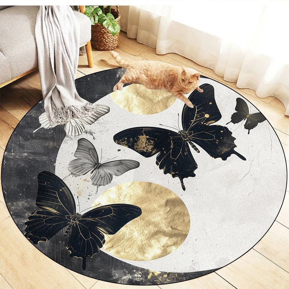 Modern Light Luxury Round Rugs Home Abstract Butterfly Pattern Carpets Living Room Sofa Side Foot Mat Bedroom Bedside Soft Rug