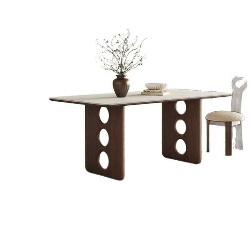Medieval pure white rock slab dining table, household small apartment French retro rectangular solid wood