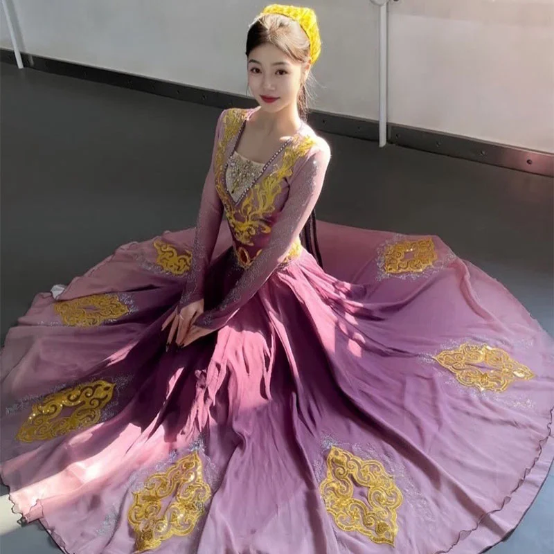 

Purple Xinjiang Traditional Dance Costumes For Women Uygurs Ethnic Minority Clothing Double Layered Festival Dance Performance