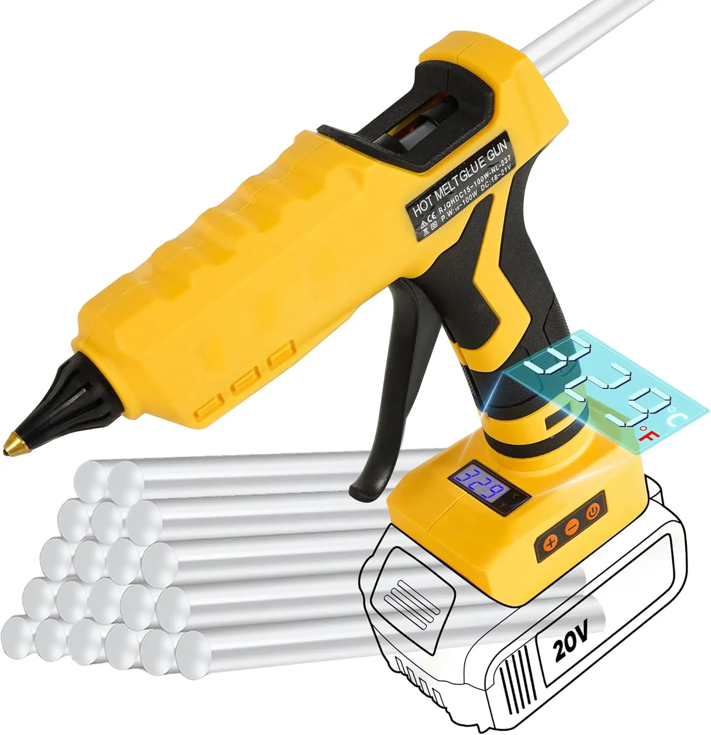 

Беспроводной пистолет для горячего клея, совместимый с аккумулятором Dewalt 20 В, (только инструмент), 100 Вт, быстрый предварительный нагрев, питание от аккумулятора, полный размер