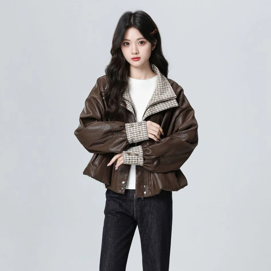 Brown Faux Leather Jacket Plaid Lined Lapel Contrast Cuff Oversized Loose Zip Up Short Moto Biker Coat Outerwear Women