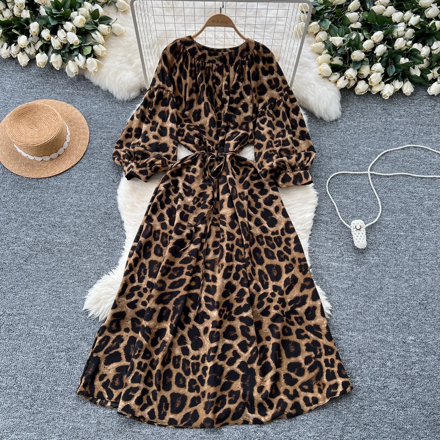 French Retro Lace Up Lantern Long Sleeve O Neck Print Dress Chic Fashion Ceremonial A-line Women Dress