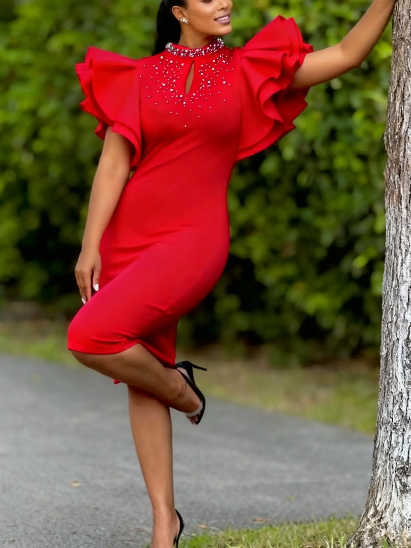 Elegant Plus Size Women's Pearl Embellished Bodycon Dress