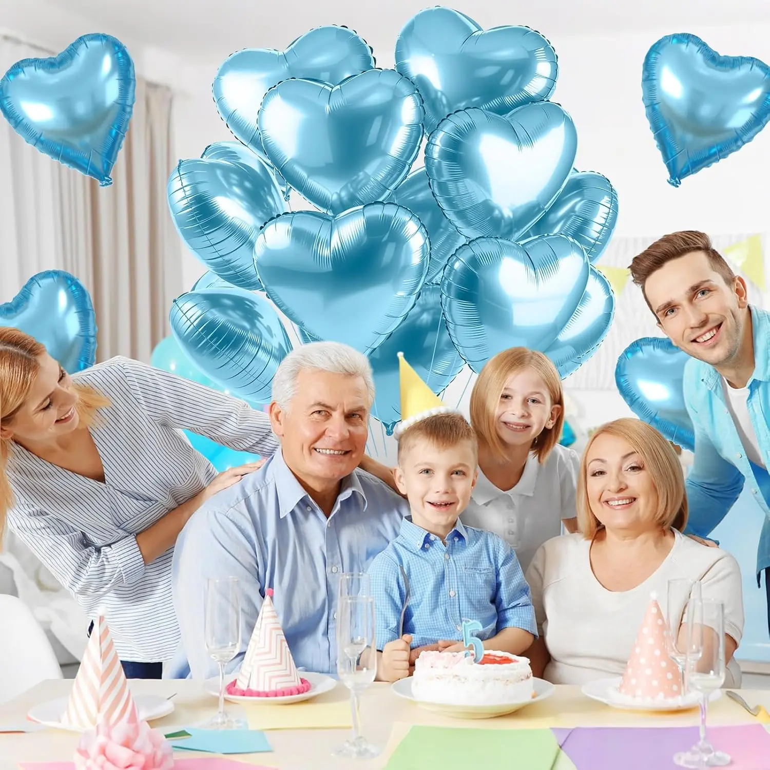 Hellblaue Herzförmige Luftballons in Verschiedenen Größen aus Aluminiumfolie für Dusche, Hochzeit, Geburtstagsdekoration – Detail 5
