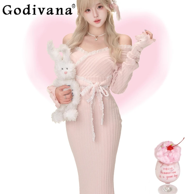Doce fora do ombro vestido de cintura fina para as mulheres outono inverno rosa malha vestido longo feminino estilo japonês bonito bodycon vestido
