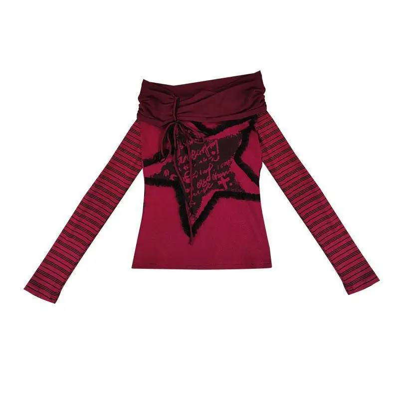 Woman Clothes Y2K Vintage Slash Neck Red T-shirts Long Sleeves Spring And Autumn Punk Star Design