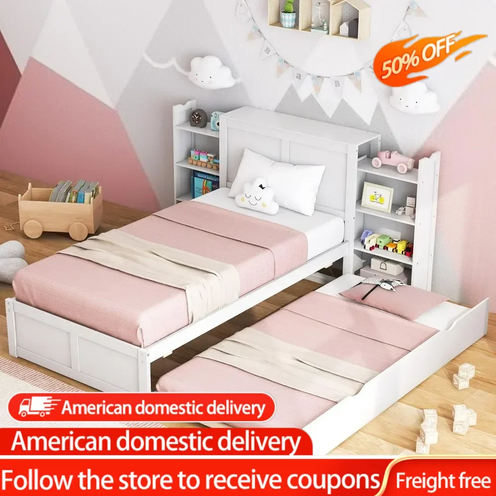 Twin Bed Frame with Trundle, Wooden Bed Frame with 2 Rolling Bookcases & High Headboard, Storage Platform Bed for Kids,