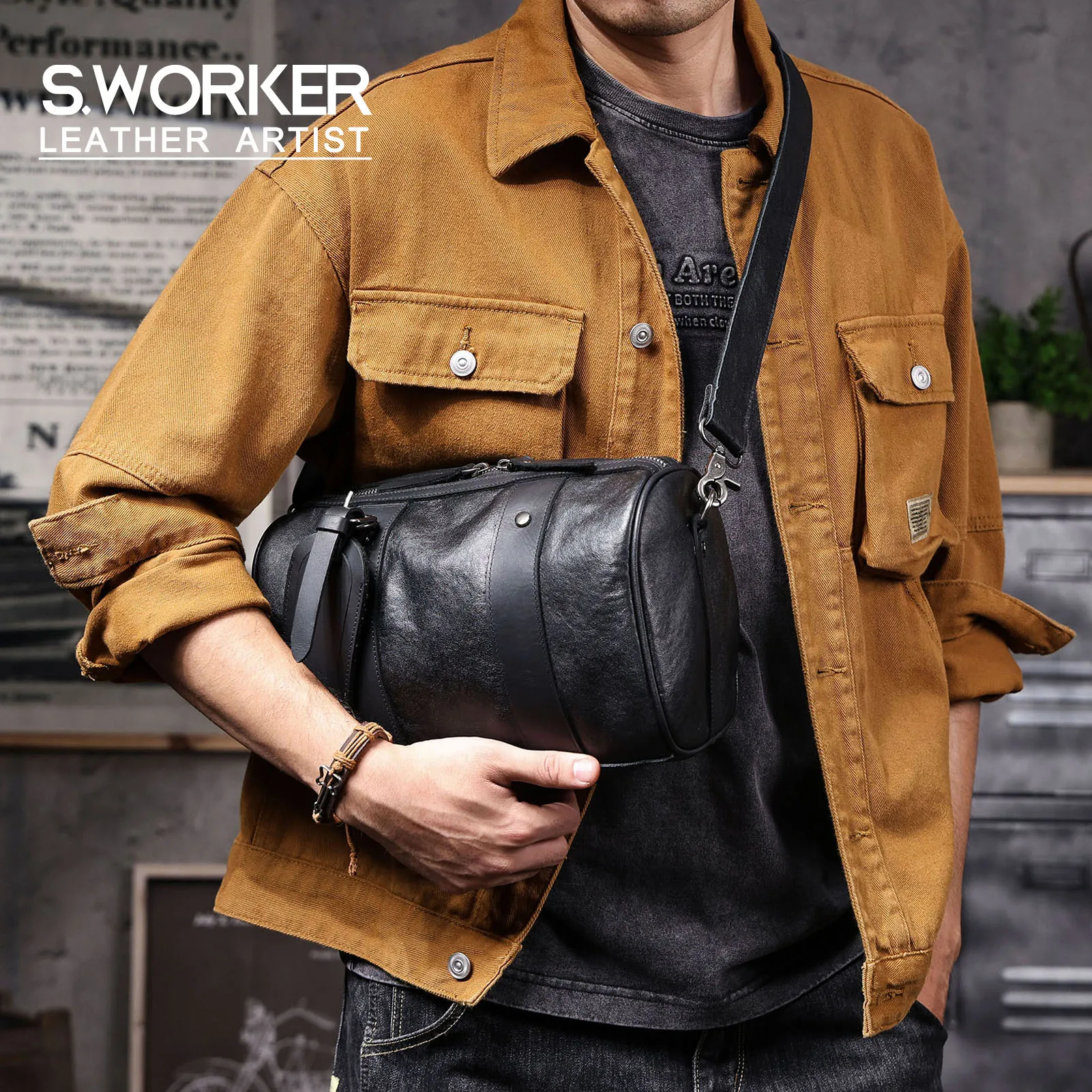 Echte Leder-Umhängetasche für Herren, einfache Rindsledertasche, hochwertiges, pflanzlich gegerbtes Leder, modischer Casual-Stil. – Detail 2