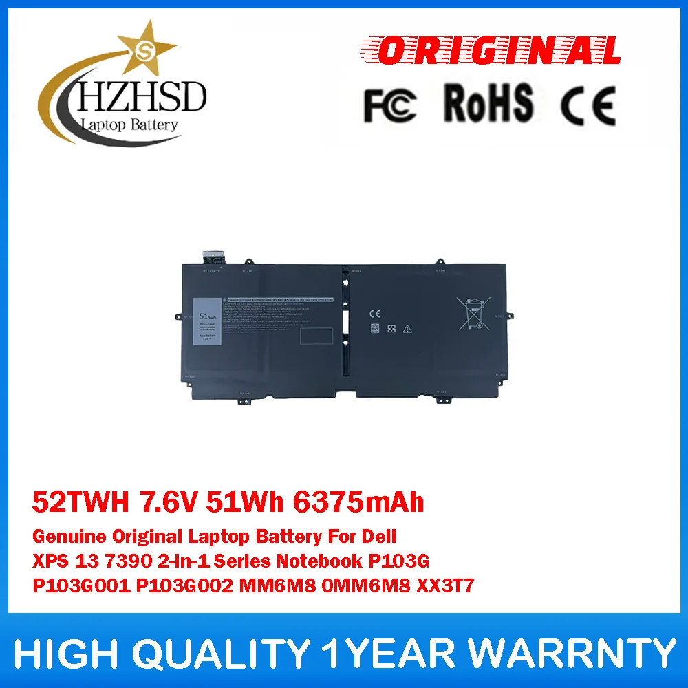 

52TWH 7.6V 51Wh 6375mAh Genuine Original Laptop Battery For Dell XPS13 7390 2-in-1 Notebook P103G P103G001 P103G002 MM6M8 0MM6M8
