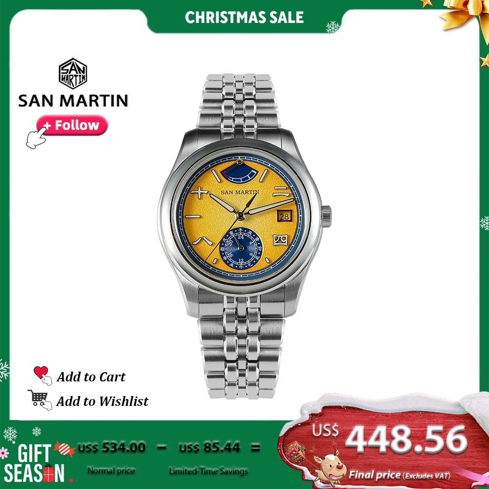 

San Martin New 39mm Men Watch Miyota 9132 Power Reserve Display Original Design Mechanical Watches Waterproof Luminous SN0144