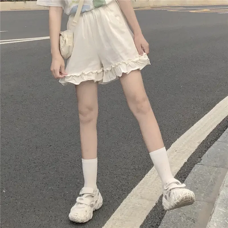 Shorts Women Solid Ruffles All-match Elastic Waist Loose Fit Japanese Style Students Streetwear Kawaii Chic Sweet Summer Y2k