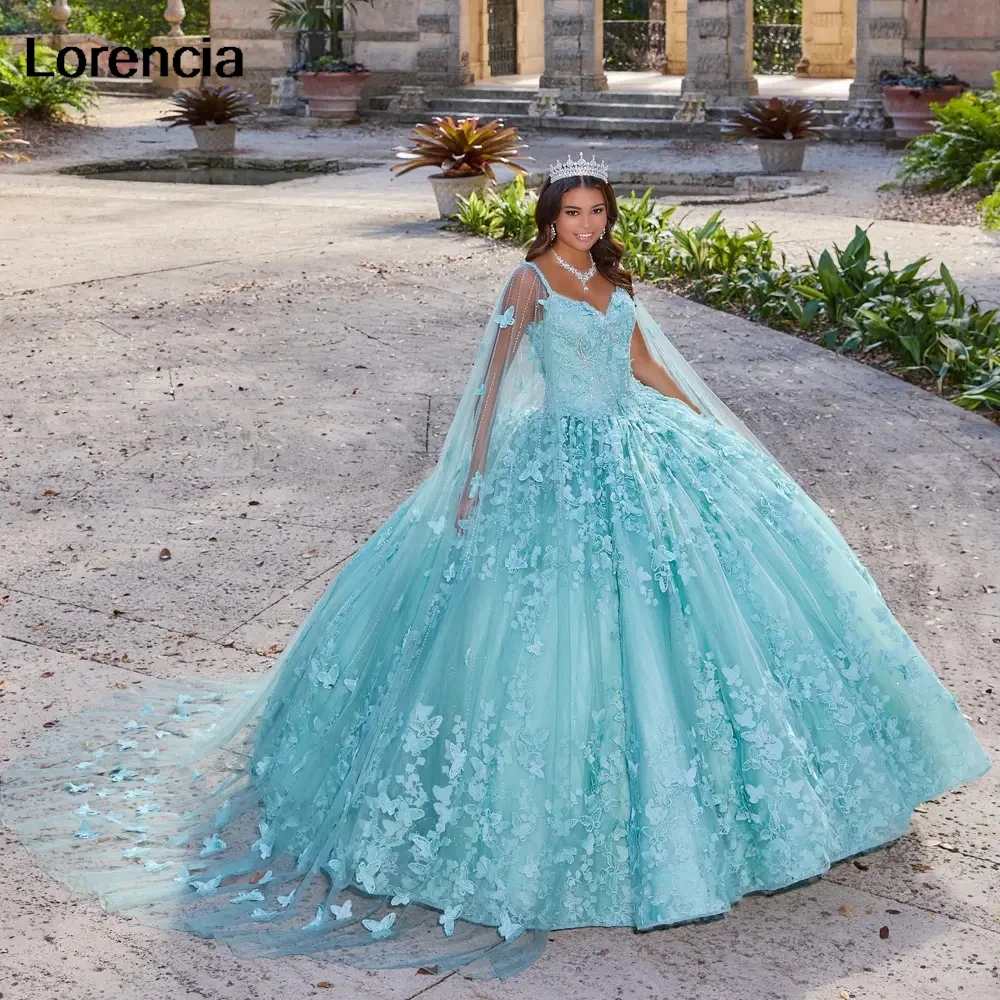 Disesuaikan panas merah muda Quinceanera Gaun gaun bola renda Applique kupu-kupu manik-manik dengan Cape manis 16 Vestidos De 15 ajingos YQD781