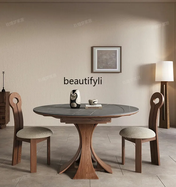 

Nordic telescopic rock slab dining table round household variable round table folding solid wood dining table