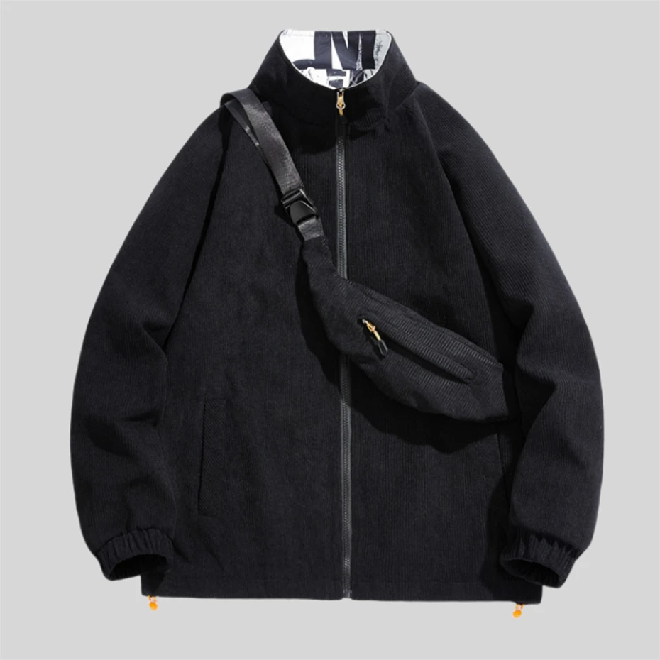 Beige Casual Jackets Men Bag Corduroy Harajuku Jacket Coats Men Streetwear Hip Hop Oversized Zip Up Patchwork Spring Jackets