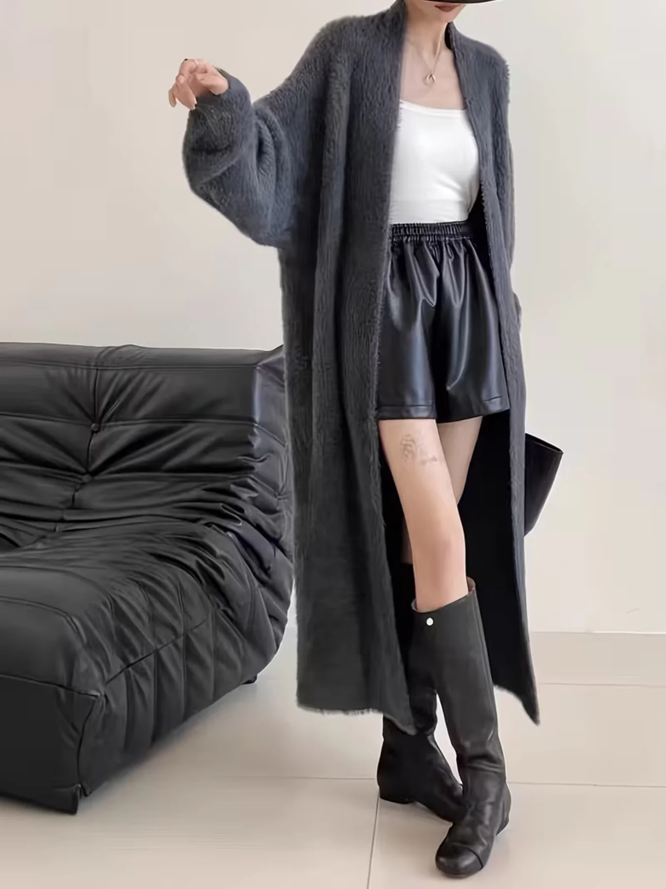 European American Style Long Cardigan Women's Knee-Length Overcoat Relaxed Fit Cozy for Autumn Winter