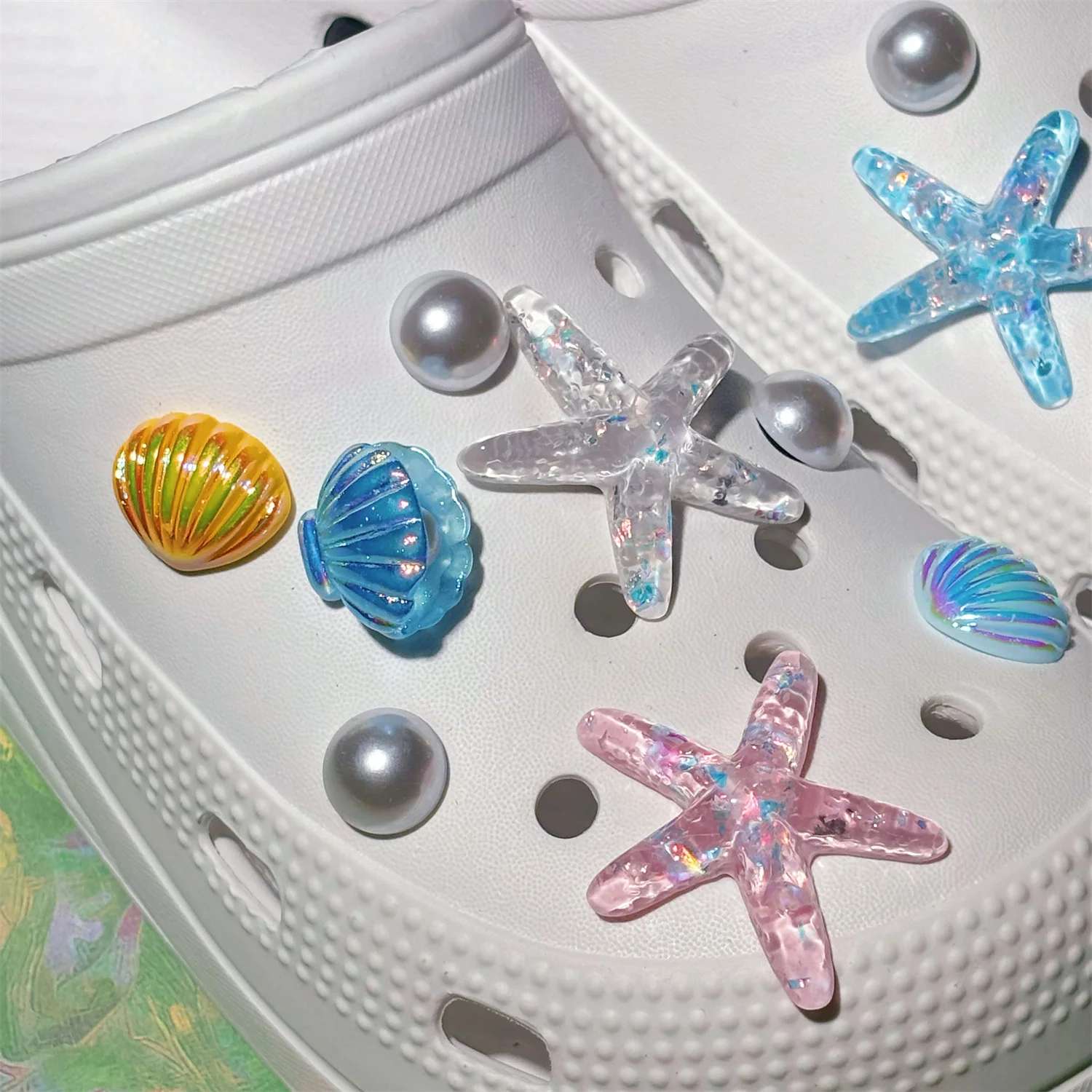 Neu 18-teiliges Schuh-Charms-Set: DIY Sommer Seestern Muschel Handarbeiten Schuh-Dekoration Schnallen-Charms für Lochschuhe Zubehör – Detail 2