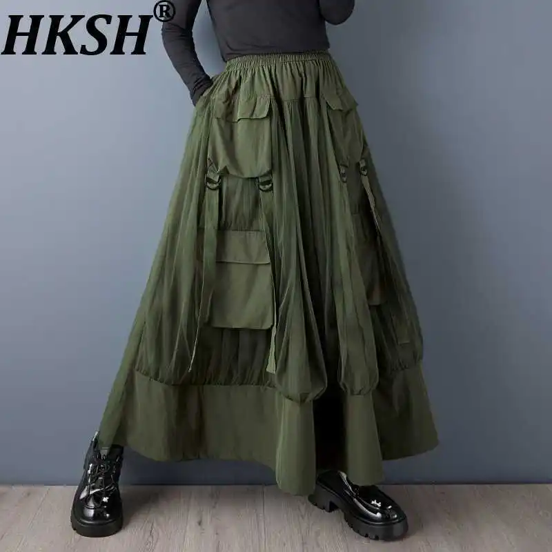 

HKSH Spring Autumn New Women's Skirt Elastic Waisted Mesh Patchwork Multi-Pocket Pleated A-line Trendy Casual Y2K Skirts HK16164