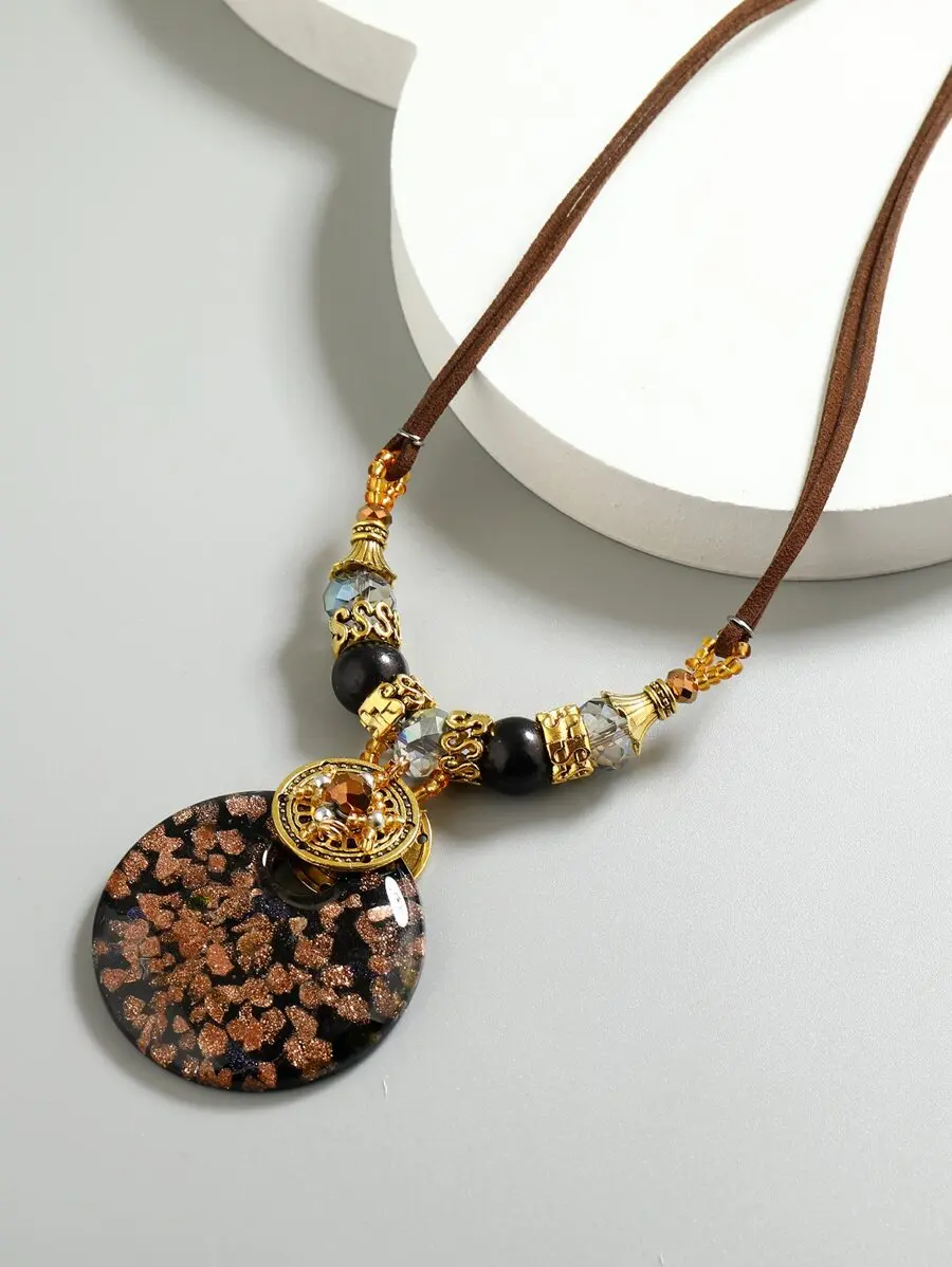 

Round Glass Pendant Necklace With Crystal And Black Beads Bohemian Style